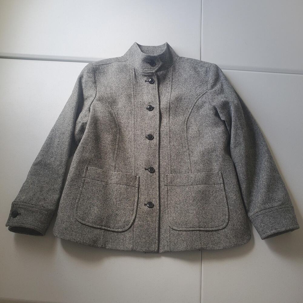 Pendleton Jacket Womens Petite 10 Gray Wool Herringbone Stand Collar Button